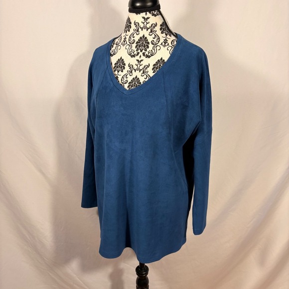 Joh Tops - JOH Womens Blue Faux Suede V-Neck Tunic Top Long Sleeve Seam Detail M
